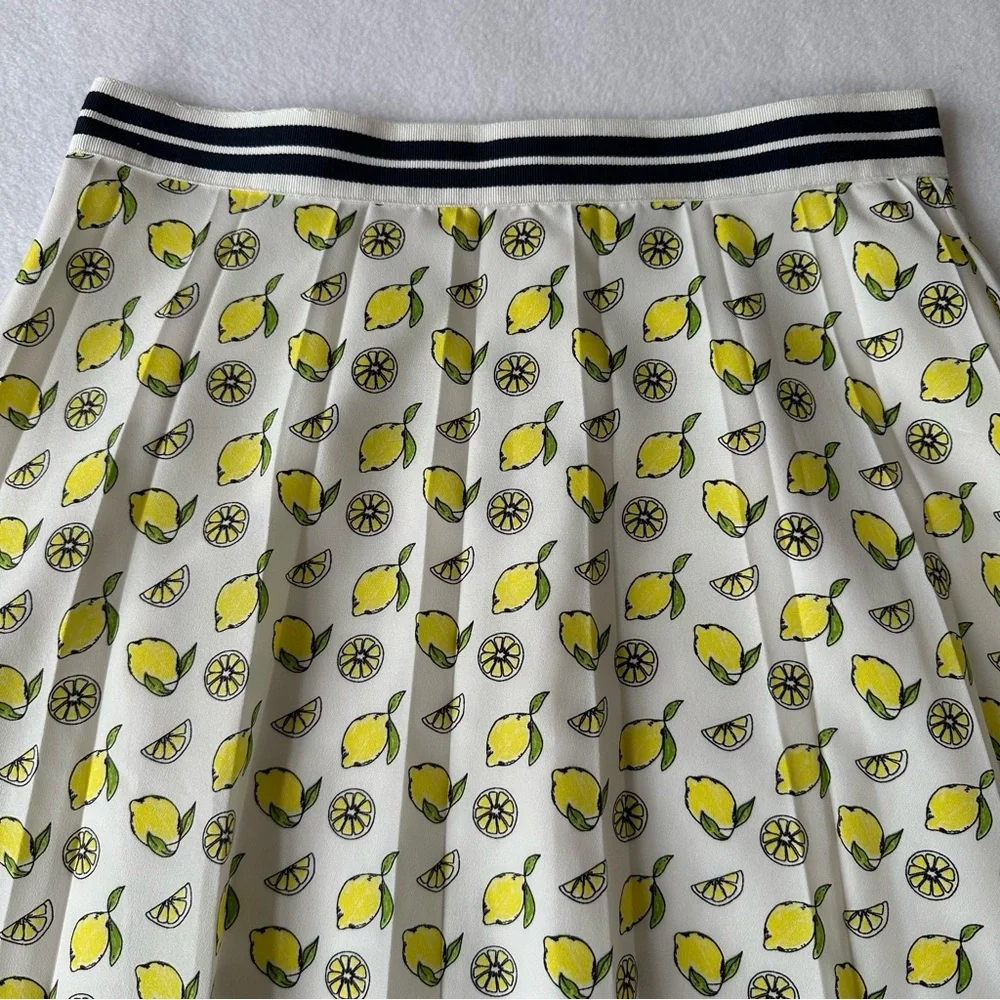 J.Crew Lemon Pattern Pleated Skirt‎ Preppy Summer White Lined Women’s Size 00